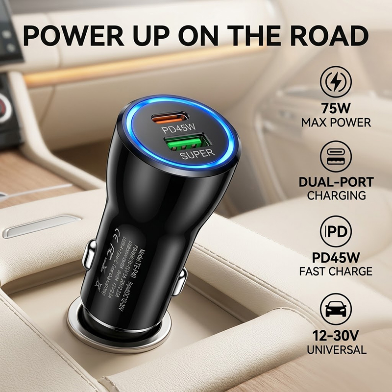 Travel Adapter Universal - ที่ชาร์จในรถยนต์แบบ USB C 45W สองพอร์ต รองรับการชาร์จเร็ว