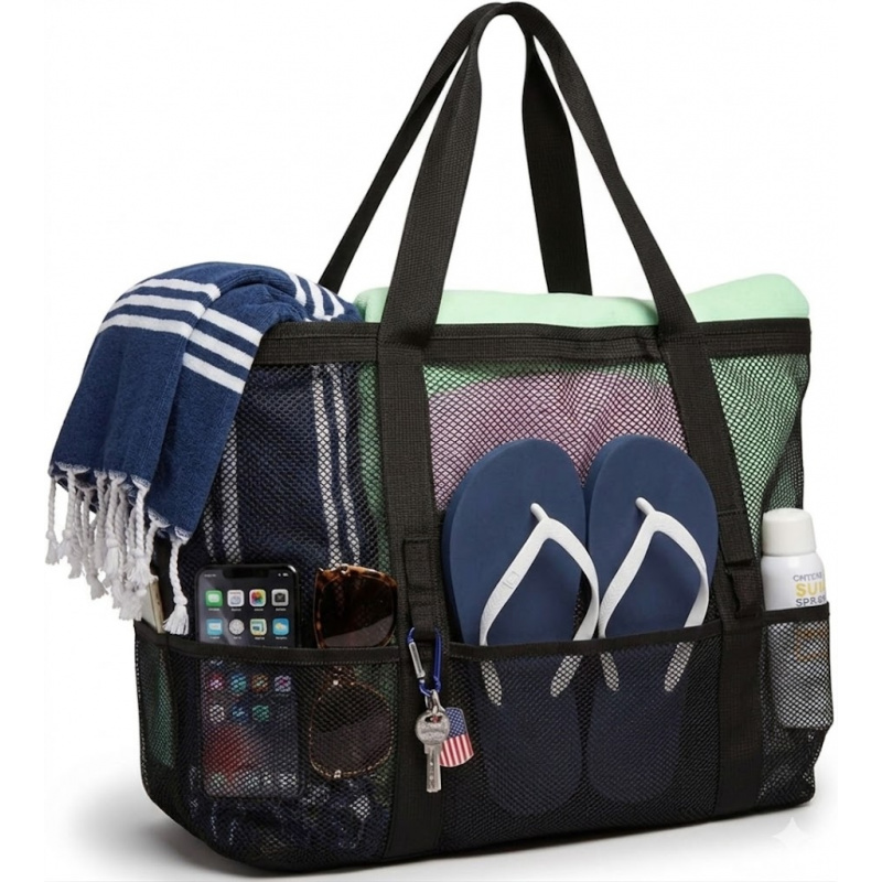 Travel Accessories Must Have - กระเป๋าตาข่ายชายหาดขนาดใหญ่พร้อม 9 ช่องเก็บของ แห้งเร็ว ป้องกันทราย กระเป๋าใส่ของเล่น