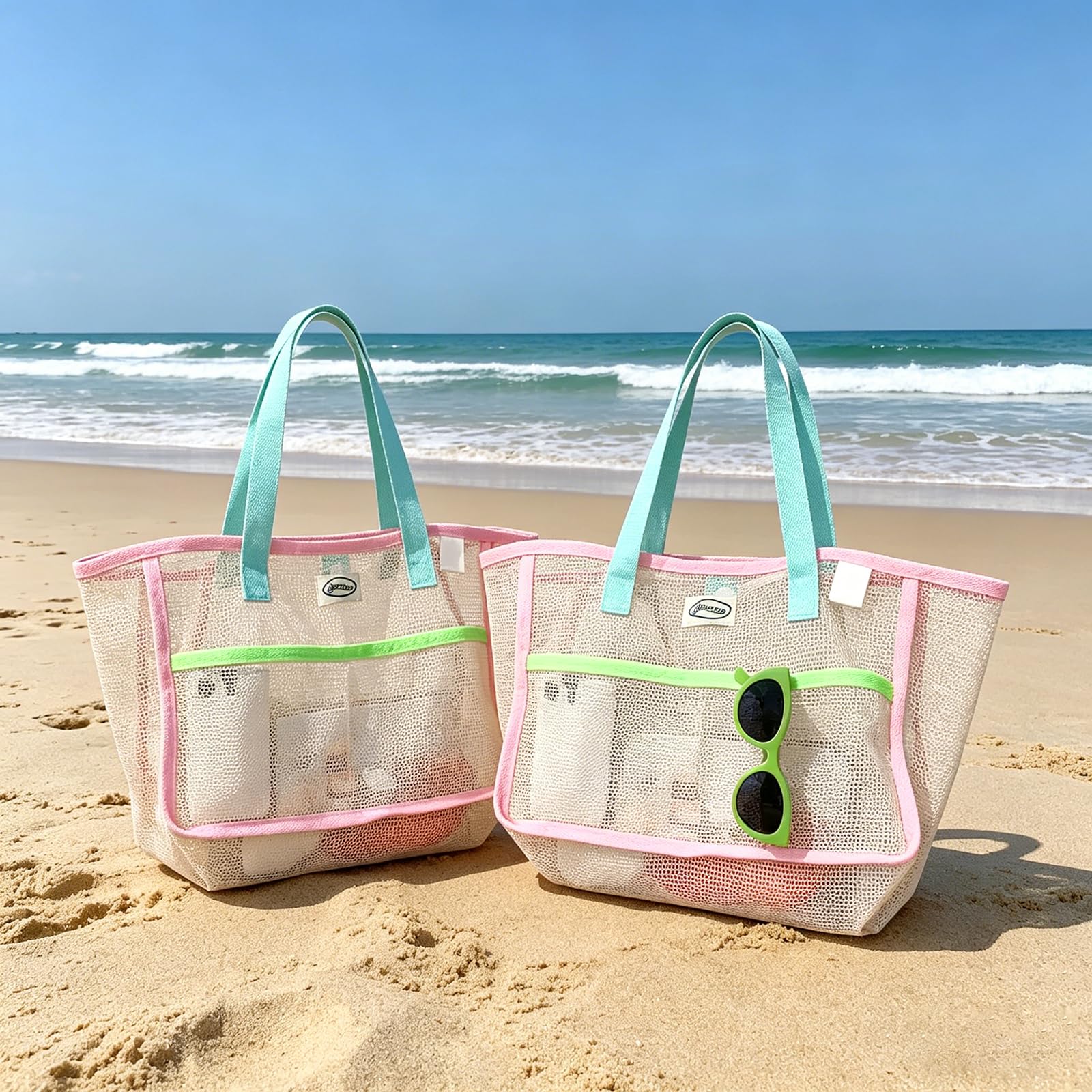 Travel Accessories Store - กระเป๋าชายหาดสำหรับผู้หญิง กระเป๋าตาข่ายพับได้หลากสี กระเป๋าใส่ทราย กระเป๋าเดินทาง กระเป๋าเก็บของสำหรับสระว่ายน้ำ สำหรับอุปกรณ์ชายหาด